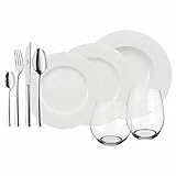 Villeroy und Boch - Wonderful World White 4 Friends Tafel Set, 36 tlg. Service für Feste, Premium Porzellan, weiß, 18/10 Edelstahl, Kristallglas