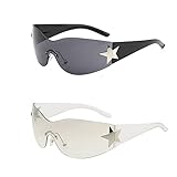 Taekooki 2 Stück Y2K Wraparound Sonnenbrille, Punk Randlose Brille für Damen Herren, Mit Sternform-Tag, für den Außenbereich, Sonnenschutz im Sommer, Alltagskleidung (Schwarz + Grau)