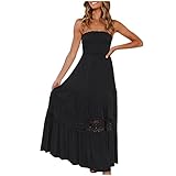 Komiseup Strandkleid Damen Sommer, Bandeau Kleid Lang Schulterfreies Sommerkleid Sexy Trägerlos Off Shoulder Rückenfrei Spitzenbesatz Maxikleid Swing A Line Langes Kleider Boho Kleid Partykleid