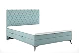 ALTDECOR Boxspringbett mit Multipocket-Matratze H4 (20 cm hoch) mit + PUR + Kokosmatte, Topper (5 cm hoch), Polsterbett mit Kopfteil und Bettkasten M.V 2238 Türkis 180x200