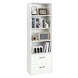 COSTWAY Bücherregal mit 4 offenen Fächern & 2 Schubladen, Bücherschrank Standregal, Aufbewahrungsregal für Wohnzimmer, Büro, Arbeitszimmer, Weiß, 188 x 60 x 34 cm