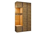 Mirjan24 Garderoben-Set Monati XXVII, 2-türig Kleiderschrank mit Aufsatz, Schuhschrank, Hängeschrank, 8 Doppelhaken, Gepolstertes Wandpaneel, Flurgarderobe (Eiche Artisan/Schwarz, Manila 32)