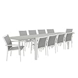 NATERIAL - Gartenmöbel Set 10 Personen - Gartentisch LAS Vegas 224/336x100cm - Ausziehtisch - 10er Set Gartenstühle LAS Vegas mit Armlehnen - Stapelbar - Sitzgruppe - Aluminium - Grau - Weiß