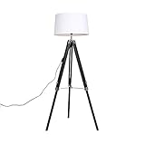 Qazqa - Industrie I Vintage I Stehlampe schwarz mit weißem Leinenschirm 45 cm - Tripod I Dreifuß Lampe I Dreifuss I Wohnzimmer I Schlafzimmer - Holz Länglich - LED geeignet E27