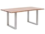 Woodkings Esstisch Bullwer Holz Akazie, Metallfuß, Baumtisch, Baumkantentisch, Echtholz modern, Design, Massivholz, Küchentisch, Esszimmermöbel, Wohnmöbel (140 x 90 cm, silberfarben)
