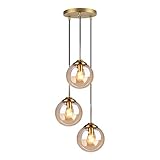 LFsem Industrial Retro 3 Lichter Pendelleuchte Glaskugel Hängeleuchte Messingbeschläge Deckenleuchte E27 Kronleuchter für Wohnzimmer Esszimmer Schlafzimmer Küche (3 Lichter, Bernstein)