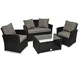 SVITA Roma Polyrattan Lounge Rattan Garten Möbel Set mit Sofa und Sessel Gartenlounge Essgruppe mit Tisch Schwarz