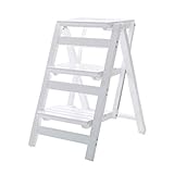 NEVKA Klappbare Tritthocker, Naturholz-Leiterstuhl, Hocker, tragbare Regalleiter, Heimbibliothek, 3 Stufen, 150 kg Tragkraft, weiß
