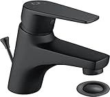 CECIPA Wasserhahn Bad Schwarz, Waschtischarmatur mit Zugstange Ablaufgarnitur, Mischbatterie Waschbecken, Wasserhahn Badezimmer, Armatur mit Auslaufhöhe 57mm, Waschbeckenarmatur Messing, Badarmatur