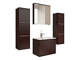 Badmöbel Set Porto mit Waschbecken und Siphon, Modernes Badezimmer, Komplett, Ink. Spiegelschrank, Waschtisch, Hochschrank, Möbel (mit weißer LED Beleuchtung, Wenge)