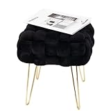 Zedelmaier Moderner Velvet Kosmetik Hocker, Quadratisch Ottoman-Fußhockermit goldfarbenen Metallbeinen, Gepolsterte Sitzhocker,Strick Samt Hocker (Schwar, 38x38x41.5cm)
