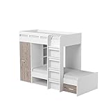 Stella Trading MAXI Hochbett mit Schrank & 2x Liegeflächen 90 x 200 cm - Platzsparendes Kinder Etagenbett in Sandeiche Optik, weiß - 269 x 180 x 115 cm (B/H/T)