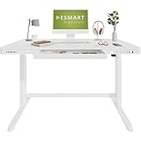 ESMART EMX-121WW 120x60cm Weiß Glas Ergonomischer Steh-Sitz-Schreibtisch Stufenlos elektrisch höhenverstellbar 72-121cm mit Schublade 4X Memory 2 x USB Ports Soft-Start/Stopp Schnelle Montage