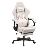 Dowinx Gaming Stuhl Bürostuhl Ergonomischer PC-Stuhl mit Massage Lendenwirbelstütze, Racing Stil PU Leder Hohe Rückenlehne Verstellbarer Drehsessel mit Fußstütze (Elfenbein weiß)