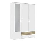 Rauch Möbel Noosa Schrank Drehtürenschrank, Weiß / Eiche Sonoma, 3-türig mit Spiegel und 2 Schubladen, inkl. Zubehörpaket Basic 1 Kleiderstange, 3 Einlegeböden BxHxT 127x188x52 cm