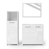 Vicco Badmöbel Set Kiko Weiß Hochglanz - Badspiegel + Unterschrank + Bad Midischrank