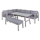 OUTLIV. Dininglounge 4-TLG. Aluminium/Olefin, Gestell aus Aluminium in Taupe, Tischplatte aus Glas, Polsterung aus Olefin in Grau