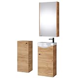 Planetmöbel Badset komplett aus Unterschrank 40cm mit Waschbecken, Spiegelschrank und 1x Midischrank in Gold Eiche, Komplettset für Badezimmer 4-teilig