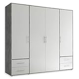 VALENCIA Kleiderschrank in Beton Optik, Weiß - Vielseitiger Drehtürenschrank 4-türig mit viel Stauraum für Ihr Schlafzimmer - 206 x 195 x 60 cm (B/H/T)