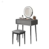 CALMR Kiefernholz-Make-up-Tisch, Verstellbarer LED-Lichtspiegel, Schminktisch, gepolsterter Make-up-Hocker, Schminktisch, Heim-Waschtisch-Set, Metallbeine