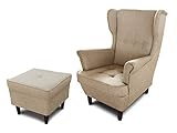 Ohrensessel Sessel King - Lounge Sessel mit Armlehnen - Retro Stuhl aus Stoff mit Holz Füßen - Polsterstuhl für Esszimmer & Wohnzimmer (Beige (Inari 26), mit Hocker)