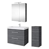 Planetmöbel Badset komplett aus Unterschrank 63cm mit Waschbecken, Spiegelschrank und 1x Midischrank in Anthrazit, Komplettset für Badezimmer 4-teilig