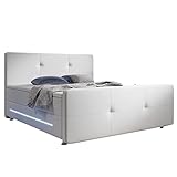 Juskys Boxspringbett Oakland 180 x 200 cm — LED Beleuchtung, Bonell-Matratzen, Topper & Kunstleder — 58 cm Komforthöhe — weiß — Bett Doppelbett