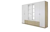 Rauch Möbel Gamma Schrank Drehtürenschrank Kleiderschrank in Eiche Sonoma und Weiß mit Spiegel 6-türig, inklusive Zubehörpaket Basic 3 Kleiderstangen, 3 Einlegeböden BxHxT 271 x 210 x 54 cm