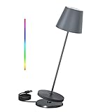 FUYO Dimmbare LED Akku Tischleuchte Indoor & Outdoor Touch Metall Wiederaufladbar Kabellos Tischleuchte mit USB Ladestation, IP54 Wasserdicht Tischlampe für Außen Arbeit Bar Restaurant Grau.