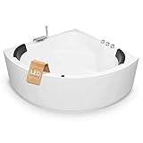 Eckbadewanne 140x140 cm Komplettset inkl. Untergestell, Ab-Überlauf und Schürze, Extra stabile Badewanne Eckwanne mit Wannenrandarmatur, LED und 2xNackenkissen Model: Koblenz