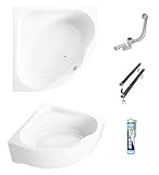 ECOLAM symmetrische Badewanne Eckbadewanne Standard Acryl weiß 150x150 cm + Schürze Ablaufgarnitur Ab- und Überlauf Automatik Füße Silikon Komplett-Set