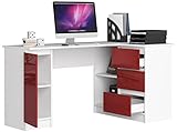 BDW Eckschreibtisch mit 3 Schubladen, 2 Regalen und 1 Fach - Oberfläche Glanz - Schreibtisch für Jugendzimmer Büros und Ateliers - Gaming Tisch - 155x85x77 cm - Weiß/Rot Rechts