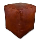 Poufs&Pillows Quadratischer Leder Pouf XL - Handgefertigt - gefüllt geliefert - Ottoman, Sitzsack, Fußhocker (Honigbraun)