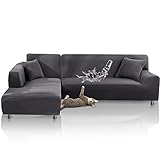 TOPOWN Sofabezug l Form wasserdicht, Sofa überzug l Form elastisch, Couch überzug l Form 3 Sitzer + 3 Sitzer mit 2 Stücke freien Kissenbezügen, Eck Stretch-Sofabezug Hellgrau