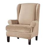 DSHUB Samt-Stretch-Ohrensesselbezug, 2 Stück, bequemer Ohrensesselbezug, rutschfest, dick, Sesselbezug, maschinenwaschbar, für Wohnzimmer, Haustier-Khaki-Ohrensesselbezug