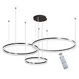 LED Pendelleuchte Modern Dimmbar Pendellampe Esstischlampe 75W 3-Ring Höhenverstellbar Hängeleuchte Schwarz Aluminium Acryl Kronleuchter mit fernbedienung Wohnzimmer Esszimmer Hängelampe 40+60+80cm