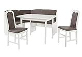 DbHFgjMN Esszimmertisch-Set Esstisch Mit Stühlen teilmassiv weiß/grau Tischgruppe Essgruppe Essecke Eckbank