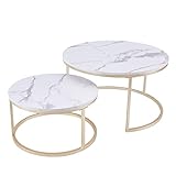 Huuryoudo Couch Tisch, Couchtisch 2er Set Rund Tisch Wohnzimmer Rund mit Metallgestell Beistelltisch Weiss Modern Satztische fürs Wohnzimmer, Weiß Gold Marmor Optik