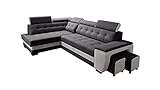 Robin Grand Ecksofa mit Schlaffunktion Bettkasten Kopfstützen Relaxfunktion 2 Hocker Sofa L-Form Schlafsofa Freistehende Eckcouch Schlafcouch Wohnzimmermöbel Wohnlandschaft Links Silber