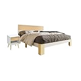 BTM Holzbett Bettgestell mit Lattenrost Kopfteil Massivholz Betten Kinderbett Jugendbett, Natur& Weiß (mit Nachttisch*1, Einzelbett)