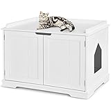 COSTWAY Katzenhaus Katzenhöhle mit Bett, geschlossene Katzentoilette mit Eingang, Haustierbox Haustierkiste aus Holzstruktur, großes Katzenklo Katzenschrank für Katzen Hunde Haustier (Weiß)