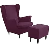 JHLD Stretch 2 Teilig Ohrensessel Überzug Mit Ottomane Schonbezug, Spandex 2 Stück Husse Für Ohrensessel Mit Hockerbezug Weich Abnehmbar Ohrensessel Schonbezug Für Wohnzimmer-Dunkelrot-3 Stück