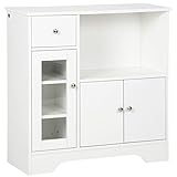 HOMCOM Küchenschrank Sideboard mit 2 Schränken und offener Regale, Aufbewahrungsschrank mit verstellbare Einlegeböden, Kommode mit Kippschutz und Glastür Spanplatte Weiß 80 x 30 x 82 cm