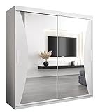 Kryspol Schwebetürenschrank Monaco 200 cm mit Spiegel Kleiderschrank mit Kleiderstange und Einlegeboden Schlafzimmer- Wohnzimmerschrank Schiebetüren Modern Design (Weiß)