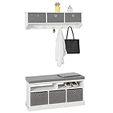 SoBuy Wandgarderobe-Set Flurset Flurmöbel Schuhbank mit Sitzfläche Flurgarderobe, weiß und grau FSR67-HG+ FRG282-W