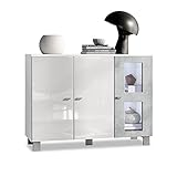 Vladon Sideboard Denjo, Kommode mit 3 Türen, Weiß matt/Weiß Hochglanz/Beton Oxid-Optik, inkl. LED-Beleuchtung (107 x 81 x 35 cm)