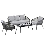 CARO-Möbel Gartenmöbel Set Bengal mit Alugestell in schwarz und Seilbespannung in grau, modernes Lounge Set mit Sitzkissen und Tisch mit edler Glasplatte