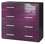 Vladon Sideboard Pavos, Kommode mit 4 Schubladen, Schwarz matt/Brombeer Hochglanz (76 x 72 x 35 cm)