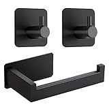 Toilet Paper Holder No Drilling Required,Selbstklebend Klopapierhalter WC Papierhalter Edelstahl Toilettenpapierrollenhalter mit 2 Stück Handtuchhaken for bathrooms and Kitchen (Schwarz)