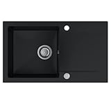 SINK QUALITY Granitspüle Schwarz Ferrum 1KDO 77 x 45 cm, 1-Kammer-Spüle mit langer Ablaufplatte, für einen Spülenschrank ab 50 FER.C.1KDO.A, automatischer Siphon im Set, Automatisch